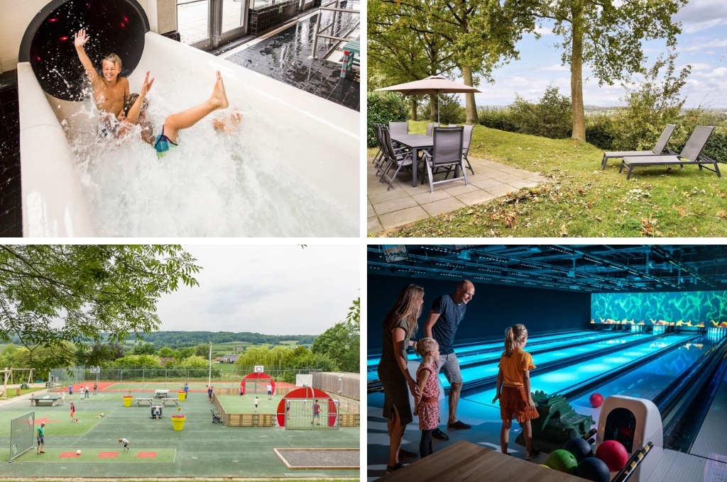 fotocollage van Landal Hoog Vaals met een foto van twee jongetjes die de waterglijbaan uitkomen, een foto van een terras met tuimeubilair en twee zonnebedjes, een foto van de sportvelden en het heuvellandschap op de achtergrond, en een foto van een gezin dat aan het bowlen is