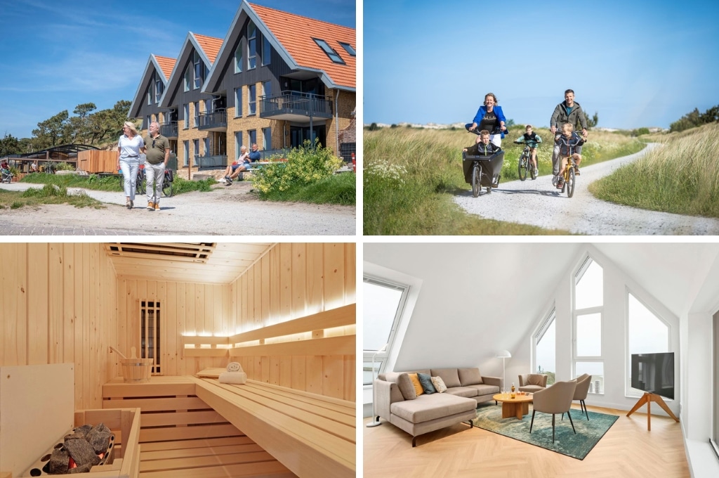 fotocollage van Landal Kaap West met een fot van een man en een vrouw die arm in arm voor de huizen lopen, een foto van een gezin dat over een duinpad fietst, een foto van een lege sauna en een foto van een luxe apartement op de bovenste verdieping