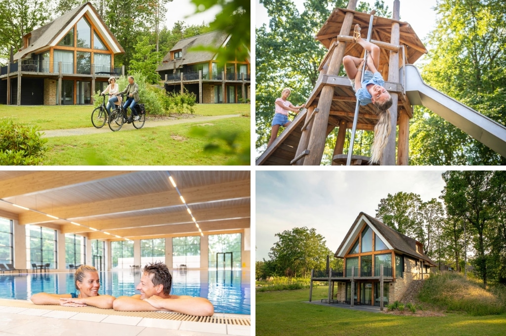 fotocollage van Landal PUUR Exloo met een foto van twee senioren die over en pad voor de vakantievilla's fietsen, een foto van een meisje dat op haar kop aan een paal in de speeltuin hangt, een foto van een man en een vrouw die aan de rand van het zwembad hangen en een foto van de buitenkant van een villa