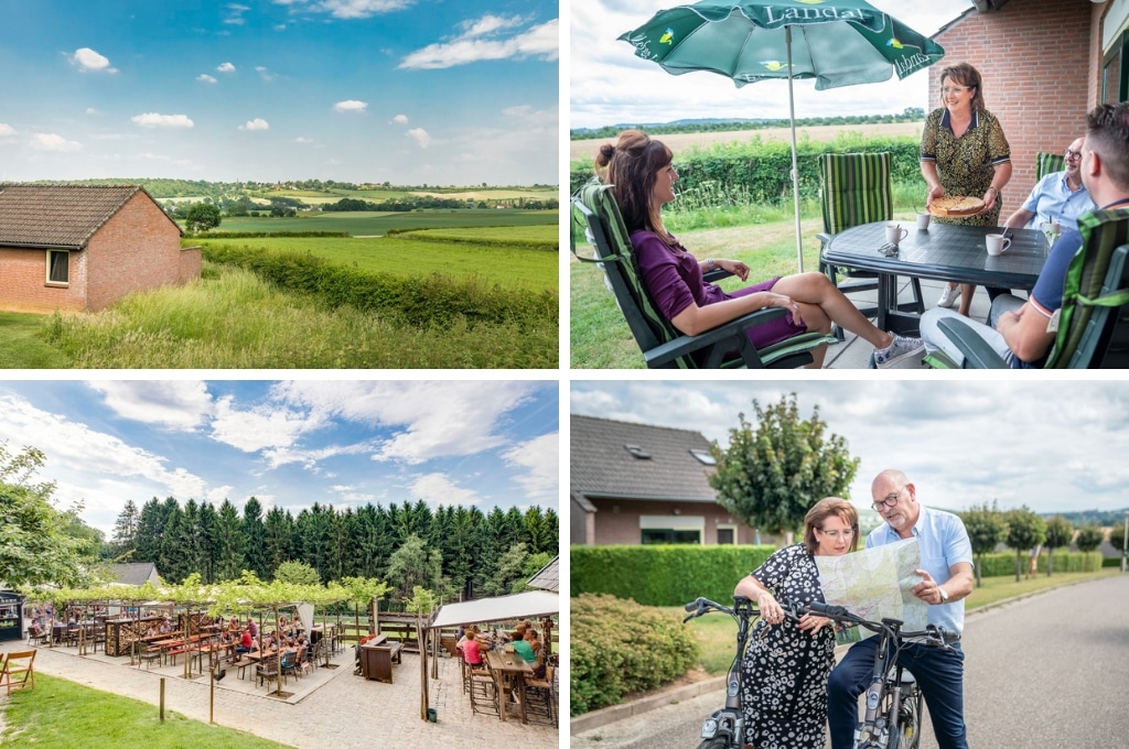 fotocollage van Landal Reevallis met een foto van een huis en weilanden, een foto van twee stellen die op het terras bij hun bungalow zitten, een foto van een terras van een restaurant, en een foto van twee senioren die samen een routekaart op de fiets bekijken