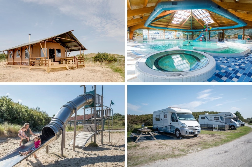 fotocollage van Landal Sluftervallei met een foto van een safaritent, een foto van het lege binnenzwembad, een foto van de glijbaan waar een meisje afkomt en een moeder met een meisje naast staat, en een foto van drie campers met daarnaast een picknicktafel