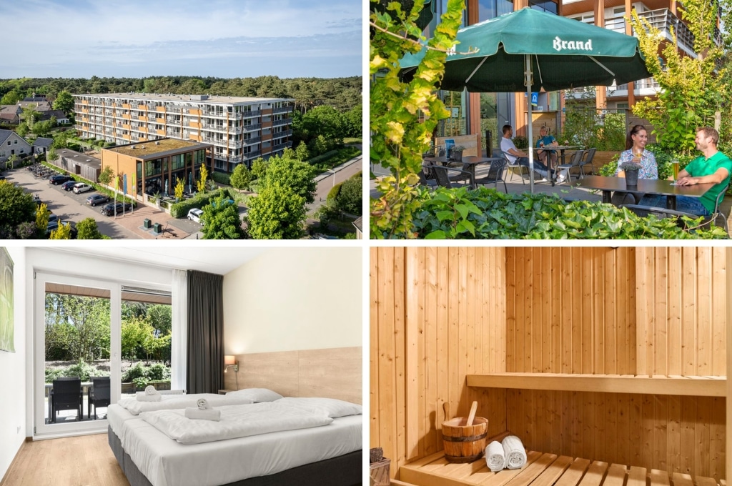 fotocollage van Landal West Terschelling met een foto van het appartementencomplex, een foto van een stel op het terras, een foto van een kamer met twee eenpersoonsbedden en een foto van een privé sauna