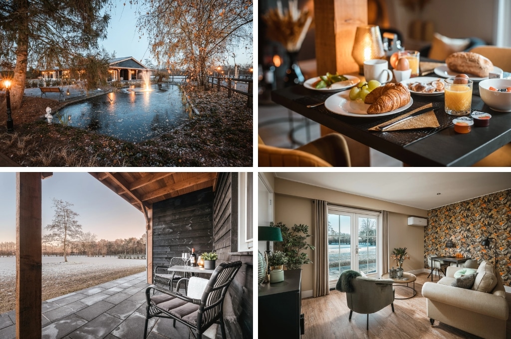 fotocollage van een B&B in Halle met een foto van een sloot, een foto van een ontbijtje met croissant en verse jus, een foto van een privéterras met uitzicht op het platteland, en een foto van een luxe suite met openslaande deuren