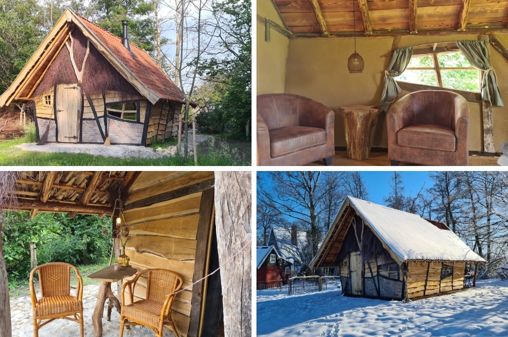 fotocollage van een sprookjesachtig natuurhuisje in Corle met een foto van de voorkant, een foto van twee fauteuils, een foto van twee rieten stoelen op het terras, en een foto van het huisje bij sneeuw