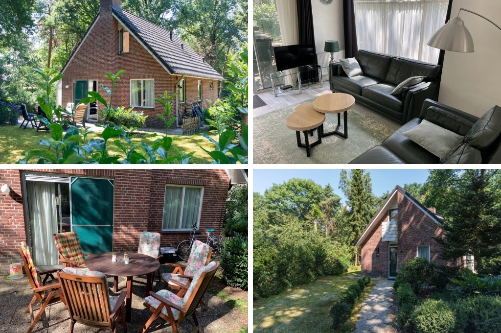 fotocollage van een vakantiehuis in het Achterhoekse Zelhem met een foto van de voorkant van het huis, een foto van de achterkant van het huis met het terras, een foto van de zithoek in de woonkamer, en een foto van de ronde tafel en 6 stoelen op het terras