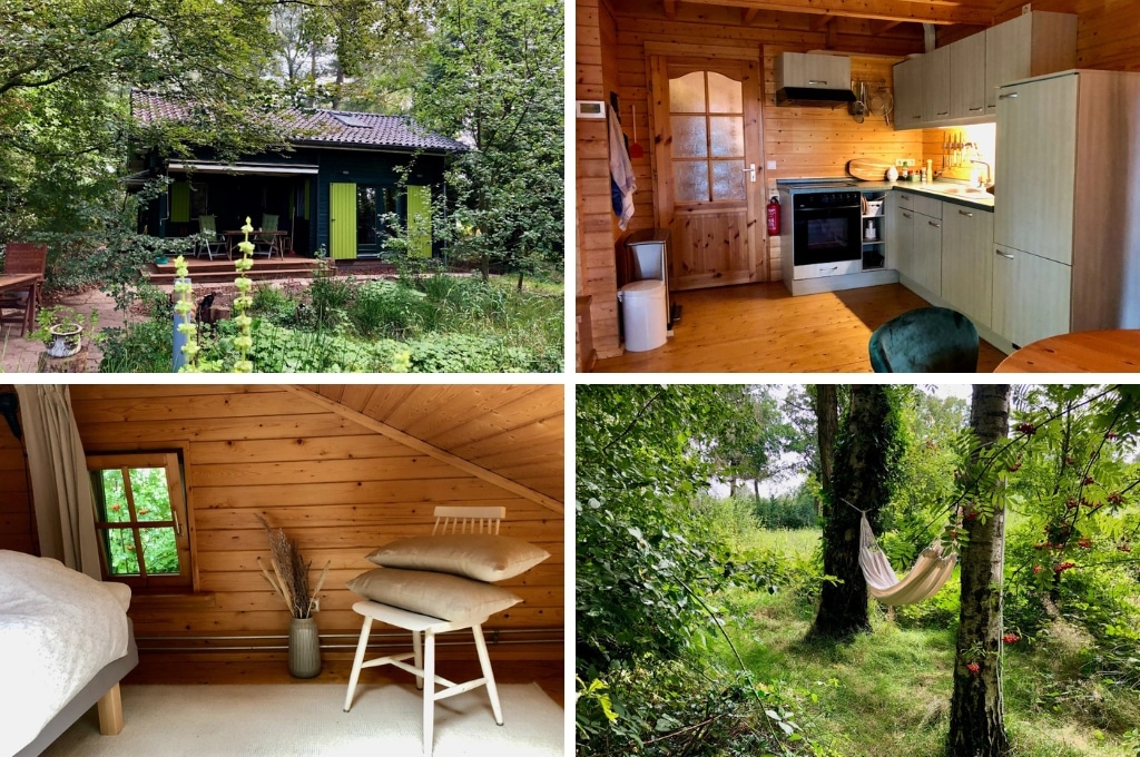 fotocollage van een natuurhuisje in Varsseveld met een foto van de bungalow van buiten, een foto van de keuken, een foto van een stoel met twee kussens naast het bed, en een foto van de hangmat in een groen stuk land