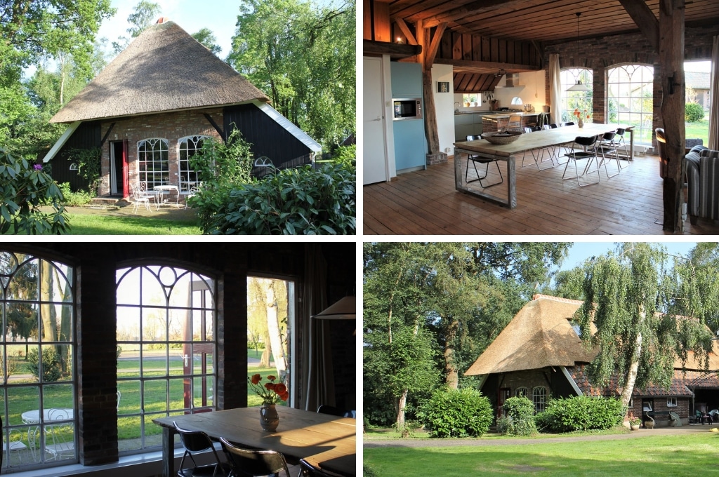 fotocollage van een vakantiehuis in de Achterhoek met een foto van de voorkant van het huis, een foto van de woonkamer met eettafel, een foto van het uitzicht door de ramen vanuit de eetkamer, en een foto van de tuin met daarin het uis