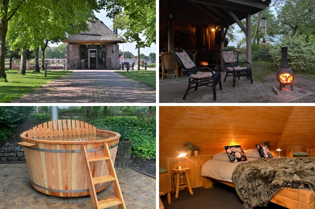 fotocollage van een natuurhuisje in Ruurlo met een foto van het huisje van buitenaf, een foto van een donker terras, een foto van een houten hottub, en een foto van een tweepersoonsbed in een sfeervolle kamer