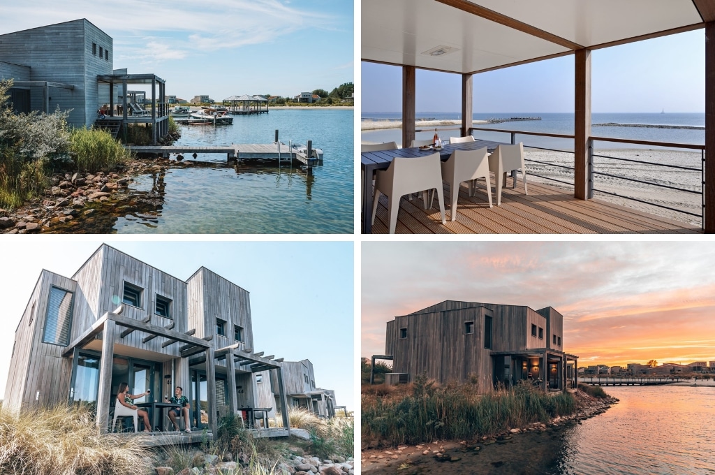 fotocollage van Oasis Punt-West met een foto van een villa met aanlegsteiger, een foto van een houten overdekte veranda aan het strand, een foto van een stel op het terras van hun houten bungalow, en een foto van een houten bungalow aan het water bij zonsondergang