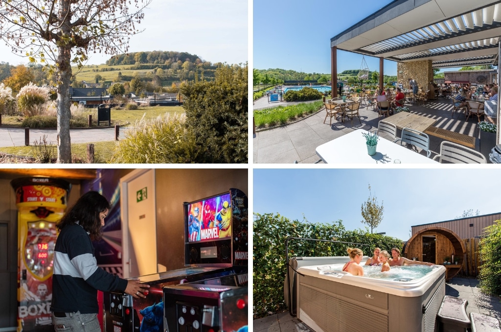 fotocollage van Résidence Valkenburg met een foto van het park met uitzicht op een heuvel, een foto van het terras met uitzicht op het zwembad, een foto van een meisje in de gameroom, en een foto van een gezin in hun privé jacuzzi