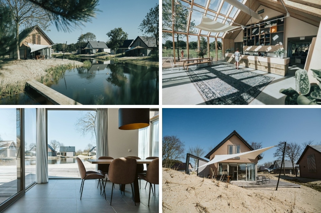 fotocollage van Ridderstee Ouddorp Duin met een foto van vakantievilla's aan een sloot, een foto van het welkomstgebouw van binnen, een foto genomen vanuit de eetkamer van een villa, en een foto van een villa met terras in een duin