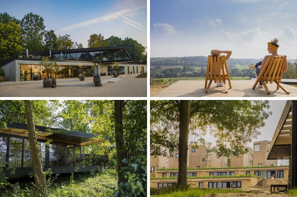 fotocollage van roompot gulpen met een foto van de entree, een foto van twee dames op houten stoelen die kijken naar het uitzicht over de vallei, een foto van een zwarte accommodatie tussen de bomen, en een foto van houten rechtopstaande accommodaties