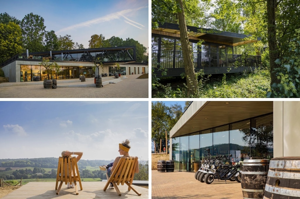 fotocollage van Roompot Gulpen met een foto van de entree met supermarkt, een foto van een vakantiehuis tussen de bomen, een foto van twee damens die op een houten terras zitten met uitzicht op het dal, en een foto van een rijtje e-choppers die voor de receptie staan