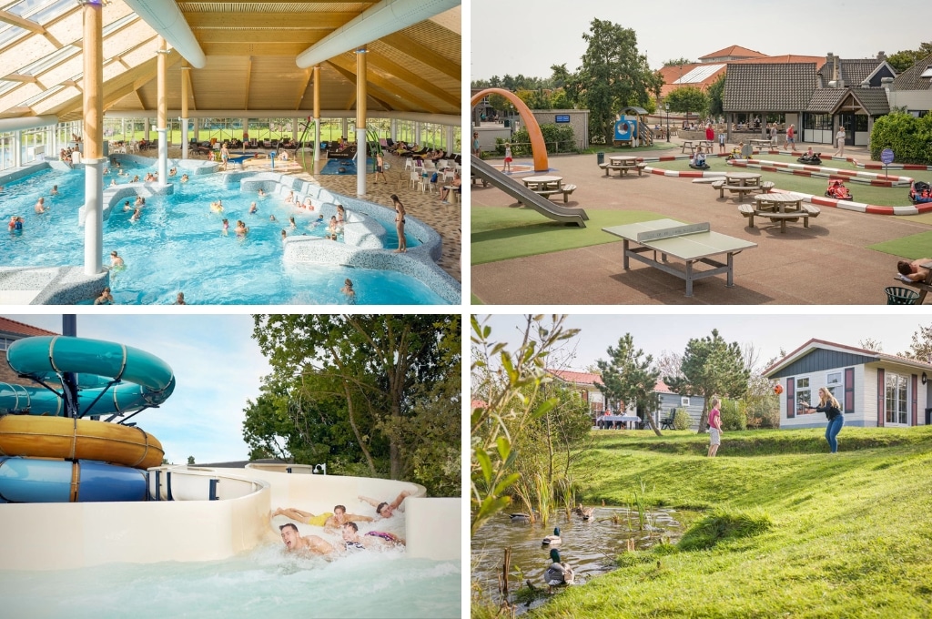 fotocollage van Vakantiepark De Krim met een foto van het binnenzwembad waarin veel mensen zwemmen, een foto van de speeltuin met kartbaan, glijbaan, tafeltennistafel en picknicktafel, een foto van kinderen die buiten van de waterglijbaan afkomen en een foto van een moeder met een kindje die een bal overgooien voor een vakantiehuis