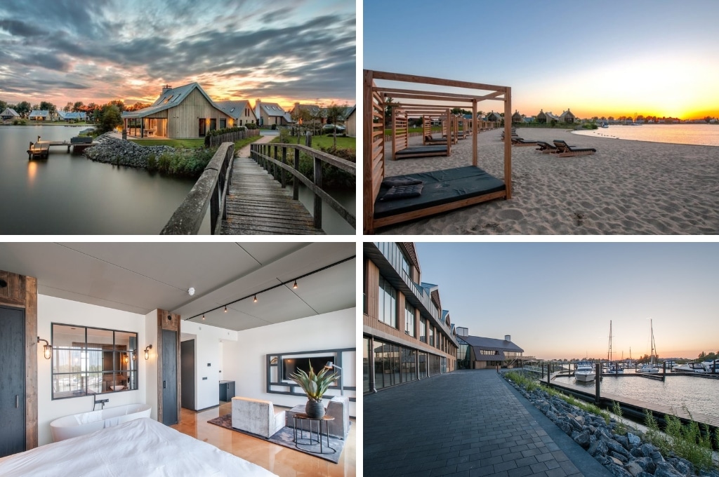 fotocollage van Waterrijk Oesterdam met een foto van vakantievilla's bij zonsondergang gezien vanaf een houten brug, een foto van het strand met luxe strandbedden, een foto van een moderne kamer met zithoek, bed en badkuip, en een foto van de haven met daarin enkele boten