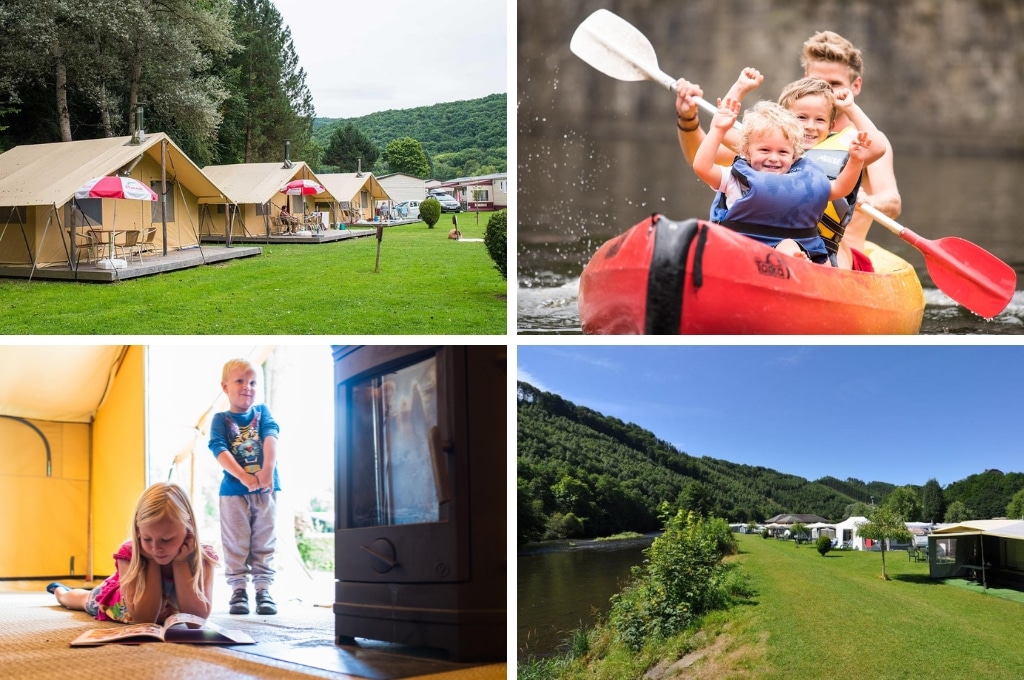 fotocollage van Camping Floreal La Roche met een foto van drie safaritenten, een foto van een vader met twee jongetjes in een rode kano, een foto van een jongetje en een meisje bij de kachel in de safaritent, en een foto van tenten aan de rivier