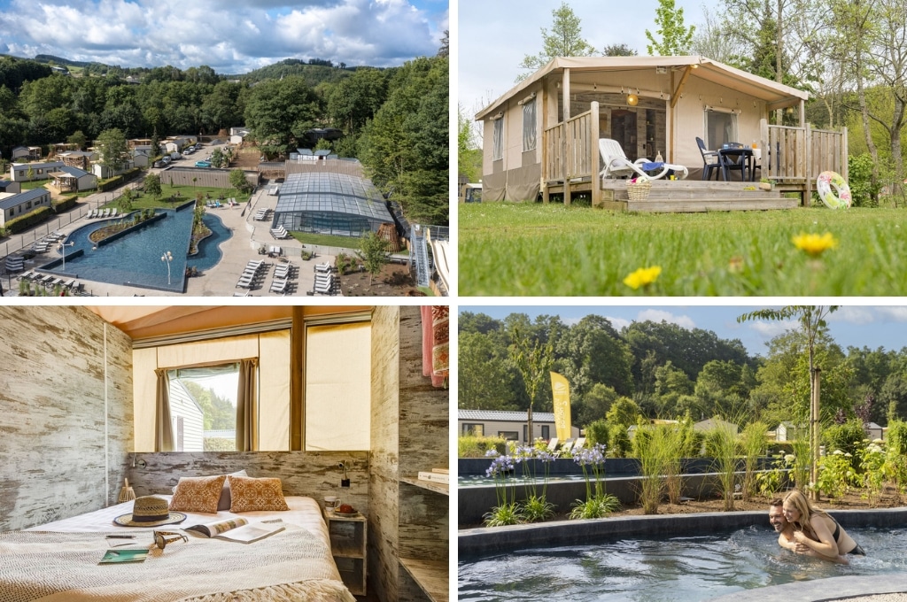 fotocollage van Camping Parc La Clusure met een luchtfoto van het terrein met zwembad, een foto van een safari lodge, een foto van een slaapkamer met tweepersoonsbed, en een foto van een man met zijn vriendin op zijn rug in het zwembad