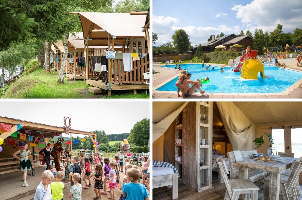 fotocollage van Camping Petite Suisse met een foto van een rij safaritenten aan de rivier, een foto van het zwembad waarin kinderen spelen, een foto van de minidisco buiten, en een foto van de woonkamer van een safaritent