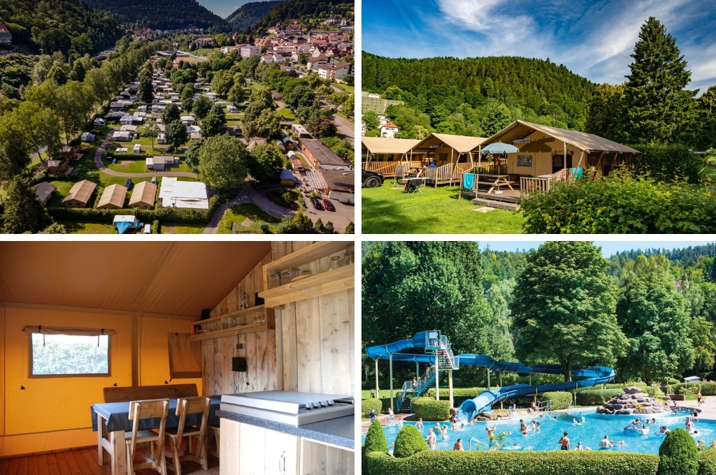 fotocollage van Campingpark Bad Liebenzell met een luchtfoto van de camping, een foto van drie safaritenten op de camping, een foto van de eethoek in een safaritent, en een foto van het zwembad met blauw waterglijbaan waarin veel mensen en kinderen zwemmen