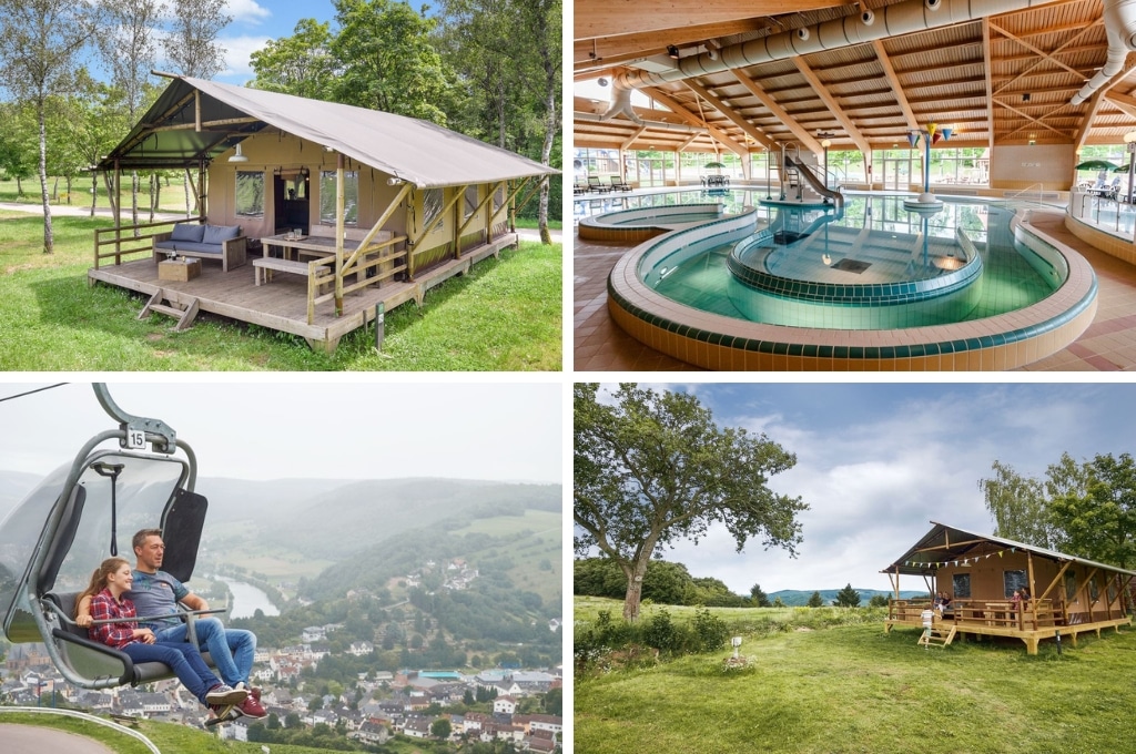 fotocollage van Landal Camping Warsberg met een foto van een safaritent, een foto van het overdekte zwembad, een foto van een vader en een dochter in de kabelbaan met uitzicht op de dorpjes en rivier in het dal, en een foto van een safaritent met aan de overkapping slingers