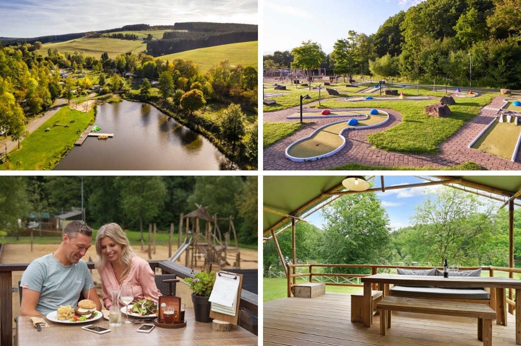 fotocollage van Landal Camping Wirfttal met een luchtfoto van de camping en het recreatiemeer, een foto van de minigolfbaan, een foto van en stel op het terras met de speeltuin op de achtergrond, en een foto van een terras met tafel en banken bij een safaritent