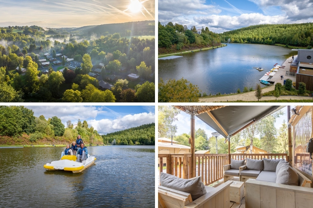 fotocollage van Landal Glamping Neufchâteau met een luchtfoto van het terrein met safaritenten en bomen, een luchtfoto van het nabijgelegen meer van Neufchâteau, een foto van een gezin op een waterfiets, en een foto van een veranda met loungebank bij een safaritent 