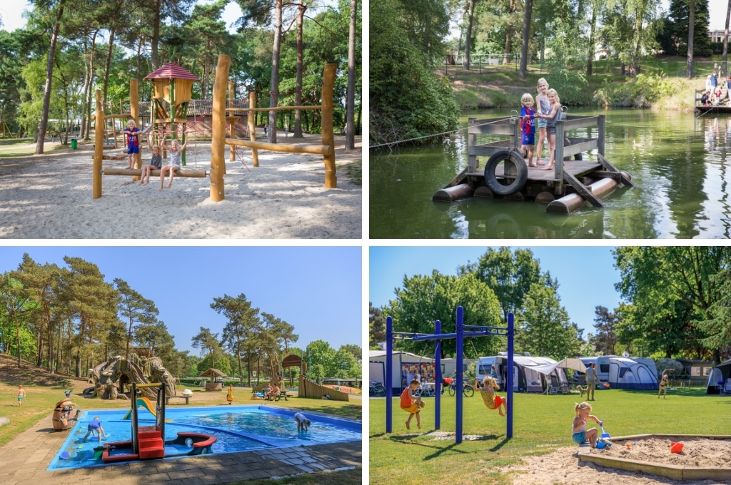 fotocollage van Camping De Heldense Bossen in Limburg met een foto van kinderen in het klimtoestel in de speeltuin, een foto van drie kinderen op het trekvlot, een foto van de waterspeelplaats, en een foto van kinderen op schommels en in een zandbak op het kampeerterrein