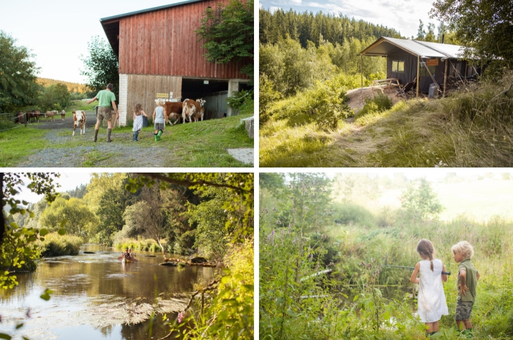 fotocollage van BoerenBed Dengler Hof  met een foto van twee kinderen die samen met de boer koeien de stal in brengen, een foto van een dichte safaritent omringd door bomen, een foto van mensen in een kano op de rivier, en een foto van twee kindjes met een hengel aan de kant van de rivier