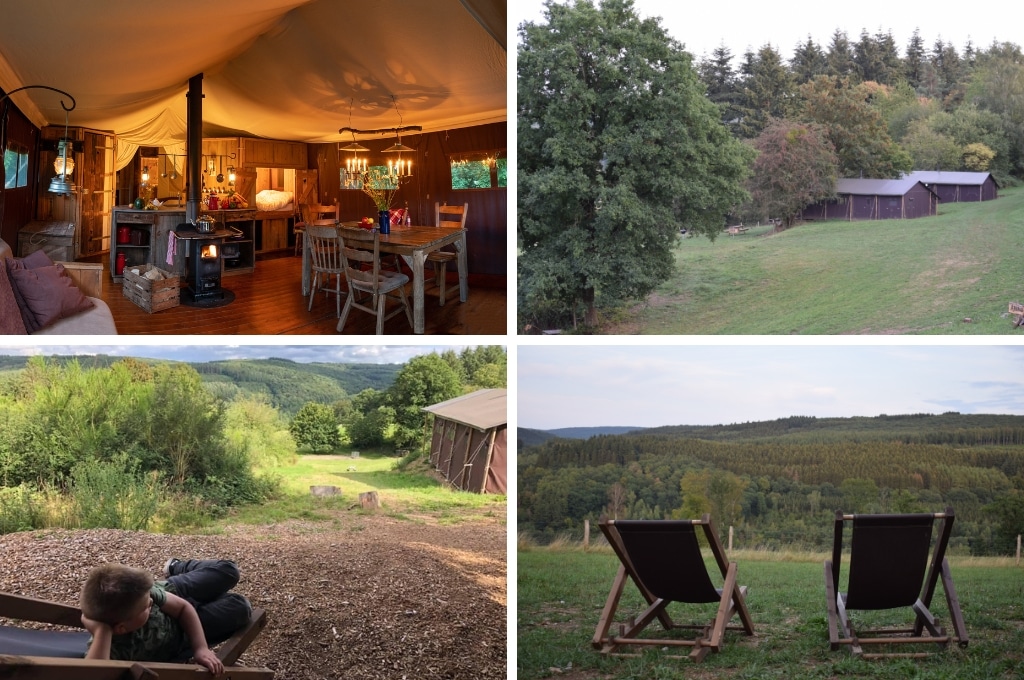 fotocollage van BoerenBed Rochefort en Ardenne met een foto van de knusse leefruimte van een safaritent, een foto van twee safaritenten halverwege een heuvel, een foto van een jongetje die in een stoel licht met uitzicht op het dal, en een foto van twee stoelen die naar het dal gedraaid staan