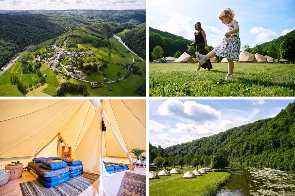 fotocollage van Camping Sagittaire met een luchtfoto van de camping op de heuvel, een foto van een meisje in een vlinderjurkje dat voor de tenten loopt, een foto van de twee slaapcabines, en een foto van tipitenten aan de rivier