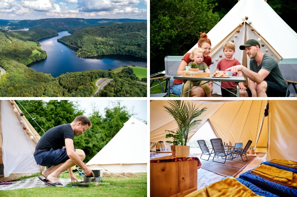 fotocollage van Camping Eifelblick met een foto van het uitzicht op het meer, een foto van een gezin aan de campingtafel voor hun tipi tent, een foto van een man die gehurkt bij een kleine barbecue voor de tent zit, en een foto van de inrichting van de tent