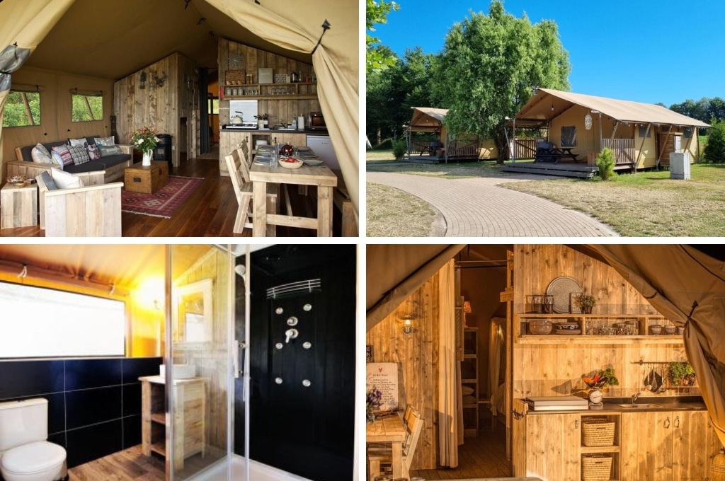 fotocollage van Glamping Heidekamp met een foto van het interieur van een volledig ingerichte safaritent, een foto van twee dichte safaritenten aan een pad, een foto van een badkamer in een safaritent, en een foto van een keuken in een safaritent