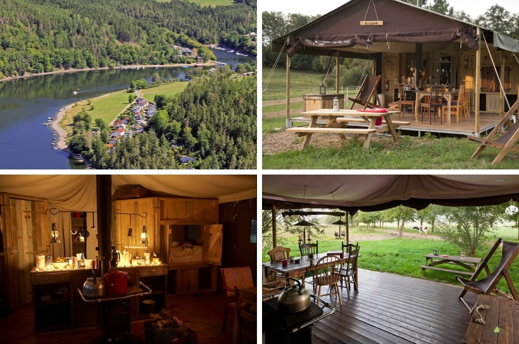 fotocollage van BoerenBed Hohenwarter Seehof met een luchtfoto van de boerderijcamping aan de rivier, een foto van het terras van een safaritent met daarvoor een picknicktafel, een foto van de leefruimte van een safaritent en nog een foto van het terras van de safaritent