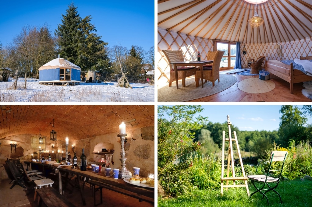 fotocollage van een yurt in Bäbelin met een foto van de blauw yurt in de sneeuw, een foto van de binnenkant van de yurt met bed, zithoek en eettafel, een foto van een kelder met lange, gedekte tafel en stoelen en krukken, en een foto van een tuinstoel met een schildersezel 