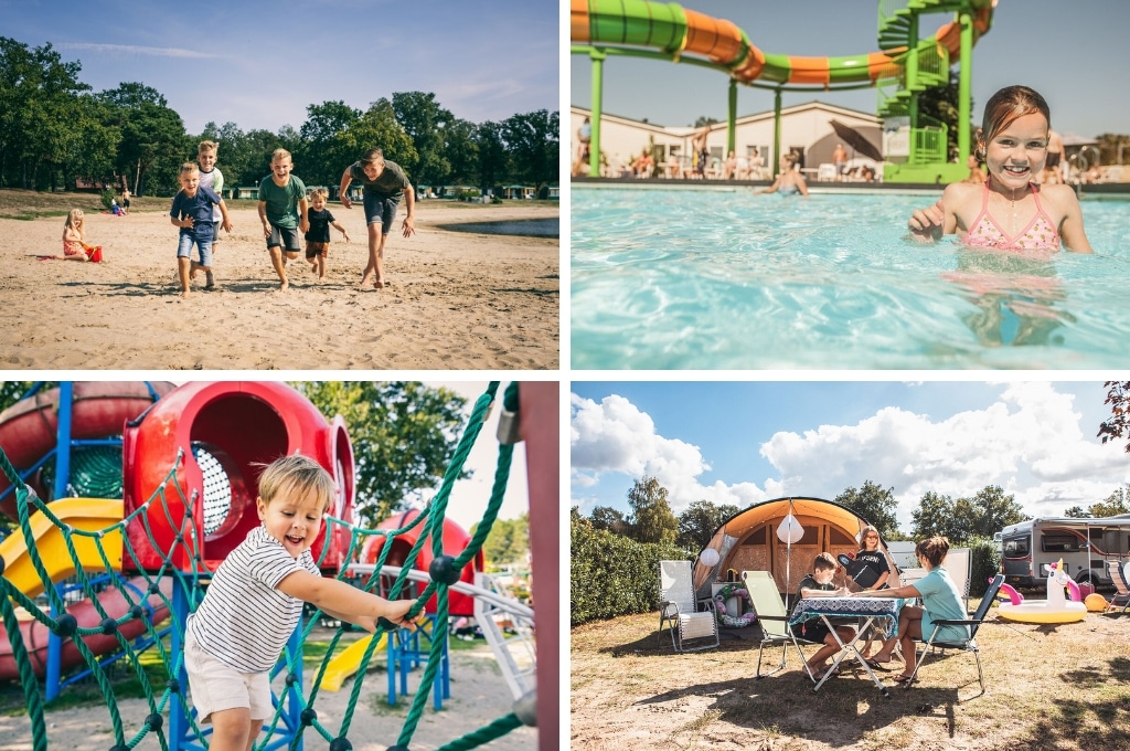 fotocollage van Camping De Schatberg met een foto van jongetjes die over het strand naar de camera rennen, een foto van een meisje dat in de camera kijkt in het zwembad, een foto van een jongetje dat geconcentreerd aan het klimmen is in de speeltuin, en een foto van een gezin aan tafel voor een boogtent