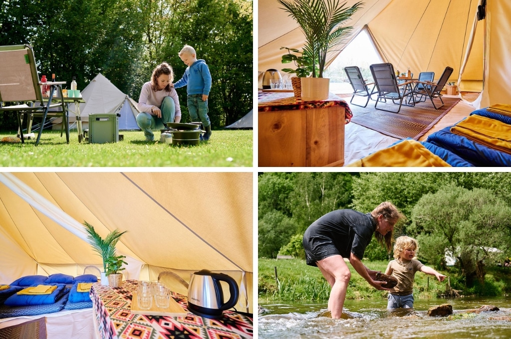 fotocollage van Camping La Mayette met een foto van een moeder en een zoontje die bij de barbecue voor de tipi tent zitten, twee foto's van het interieur van een tipi tent, en een meisje die met een klein kindje stenen verzamelt in de rivier