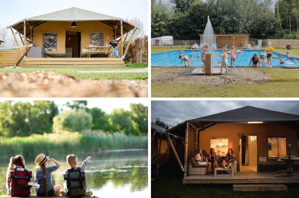 fotocollage van Camping Borken am See met een foto van een safaritent, een foto van kinderen in het zwembad, een foto van kindjes die bij het meer zitten, en een foto van drie dames op de loungebank van het terras van een safaritent bij schemering