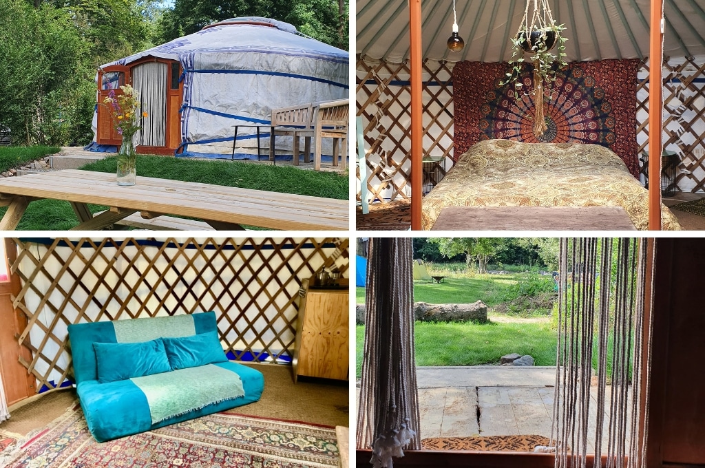 fotocollage van een Mongoolse yurt in Nonceveux met een foto van de buitenkant, een foto van het tweepersoonsbed, een foto van een turquoise bank en een foto van de ingang