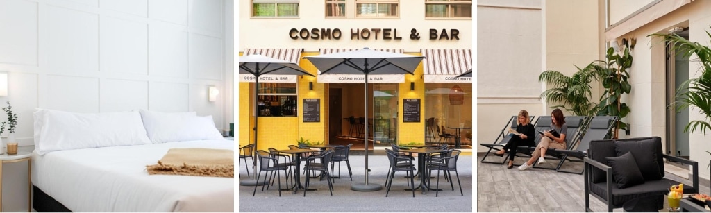 fotocollage met drie foto's van het Cosmo Hotel in Valencia met een foto van een opgemaakt bed, een foto van het terras voor het hotel, en een foto van twee dames die aan het werk zijn vanuit twee strandstoelen op het dakterras