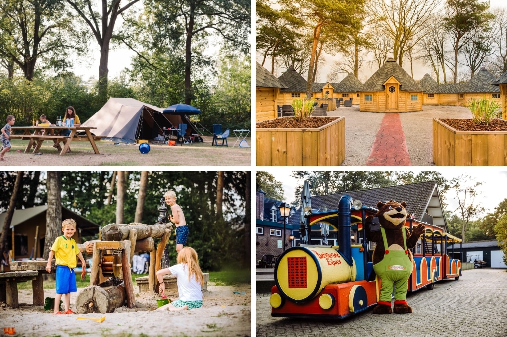 fotocollage van Camping Beringerzand met een foto van een kampeerplaats met tent en picknicktafel, een foto van Finse iglo's op de camping, een foto van kinderen bij de waterspeelplaats, en een foto van de mascotte voor het lege campingtreintje de Beringerzand-Express