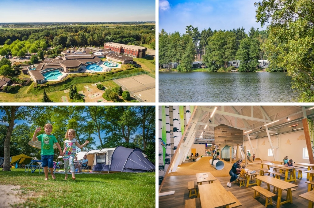 fotocollage van Camping Klein Vink in Limburg met een luchtfoto van het vakantiepark met zwembad, een foto van beschutte kampeerplaatsen genomen vanaf het water, een foto van een jongetje en meisje die hand in hand voor een kampeerplaats staan, en een foto van de binnenspeeltuin met knutseltafels