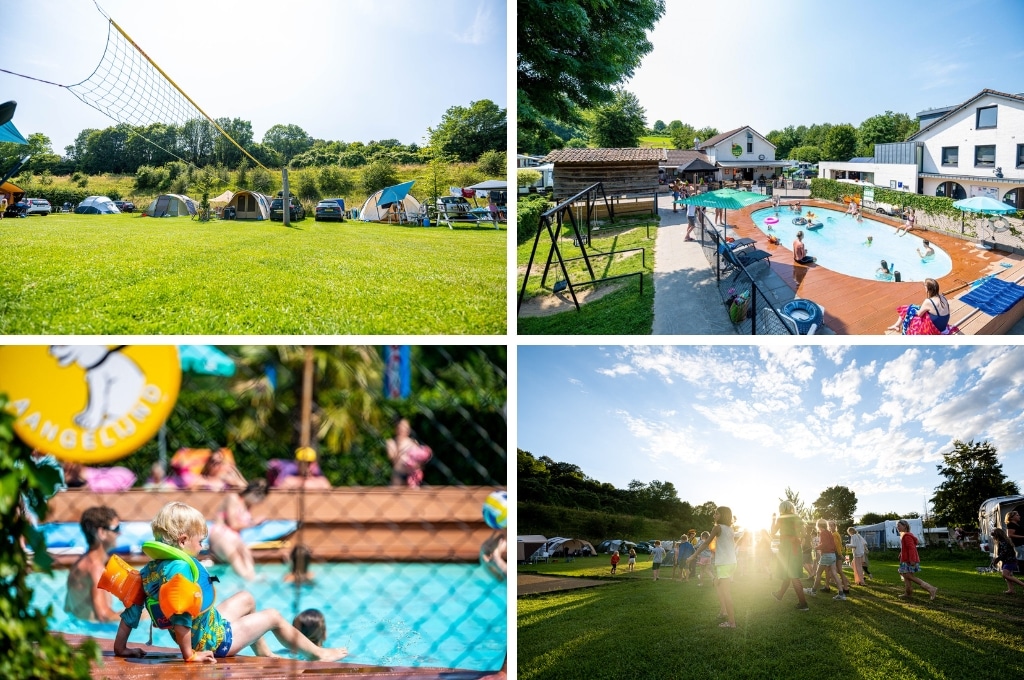 fotocollage van Camping Vinkenhof in Limburg met een foto van het volleybalnet op het kampeerterrein, een foto van het buitenzwembad waarin mensen zwemmen, een foto van een jongetje met zwembadjes aan de rand van het zwembad, en een foto van een groep kinderen die samen met een begeleider over het veld lopen