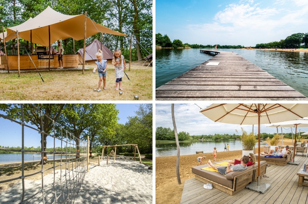 fotocollage van Vakantiepark BreeBronne met een foto van twee meisjes die jeu de boulen op een grasveld, een foto van een lange houten steiger in de zwemplas, en twee foto's van het strand aan de zwemplas