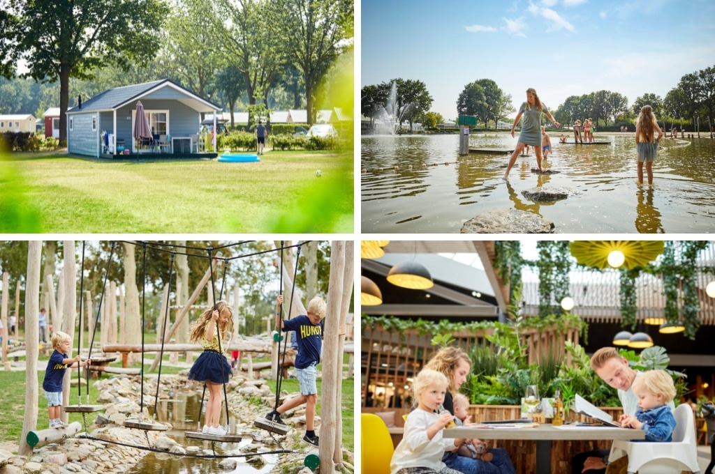 fotocollage van recreatiepark de Leistert in Limburg met een foto van een blauwe stacaravan op een grasveld, een foto van een vrouw en kinderen in de speelvijver, een foto van kinderen op een klimparcours, en een foto van een gezin aan tafel op de overdekte Plaza