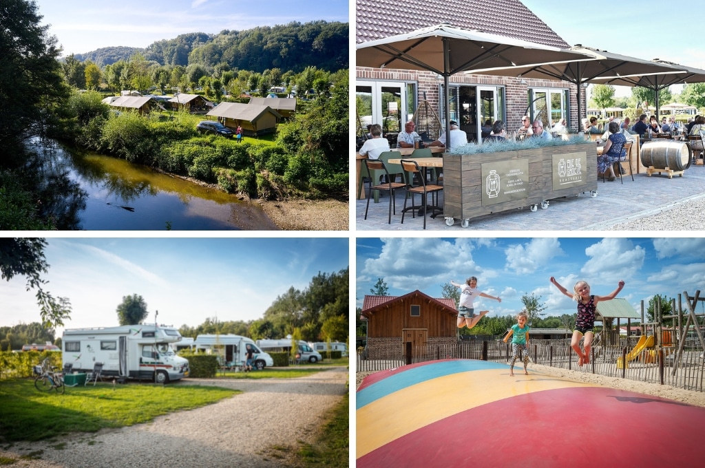 fotocollage van Camping 't Geuldal in Limburg met een foto van safaritenten aan de rivier, een foto van het terras bij de bistro, een foto van campers op de camperplaatsen, en een foto van drie meisjes die op de airtrampoline springen