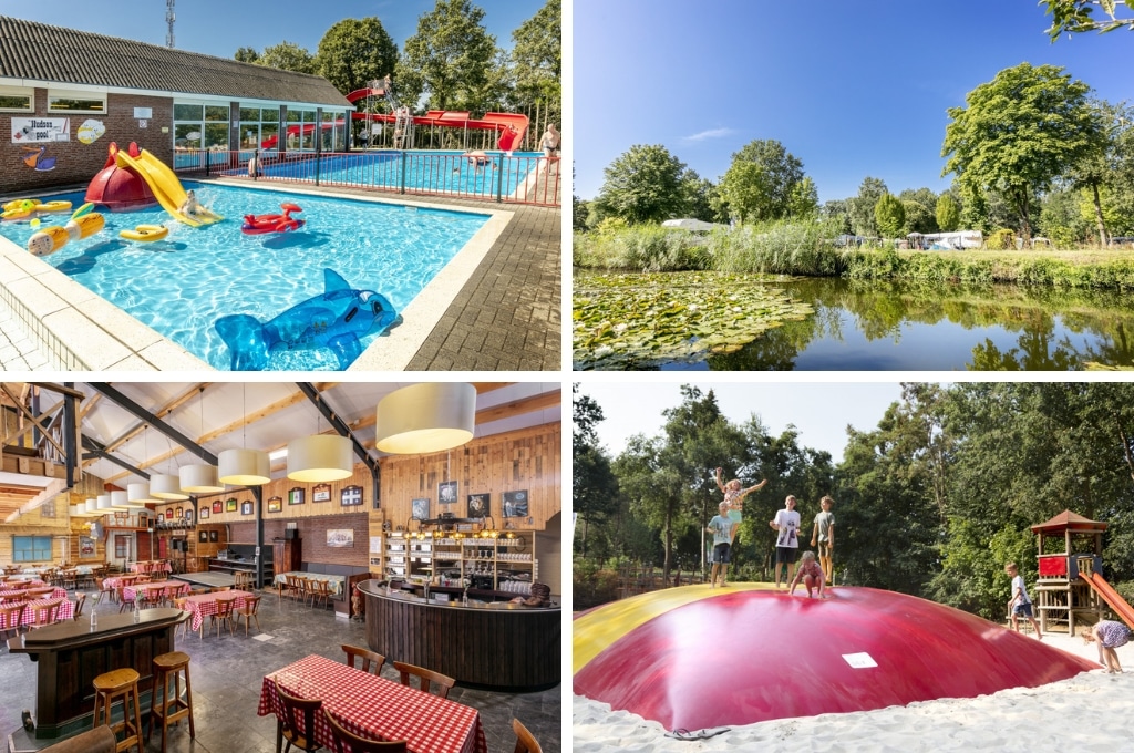 fotocollage van Camping Klein Canada met een foto van het peuterbad met een opblaasdolfijn en andere figuren, een foto van de visvijver, een foto van de eetzaal in de Saloon en een foto van vijf kindjes op de airtrampoline