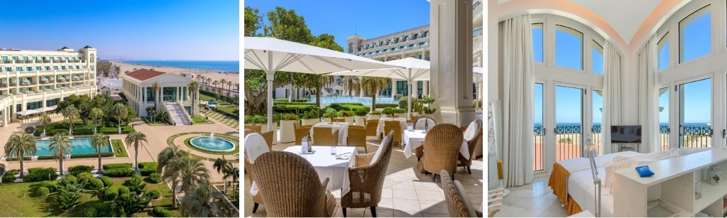 fotocollage met drie foto's van Las Arenas Balneario Resort in Valencia met een foto van de tuin met buitenzwembad, een foto van het gedekte terras in de tuin, en een foto van een kamer met uitzicht op het strand