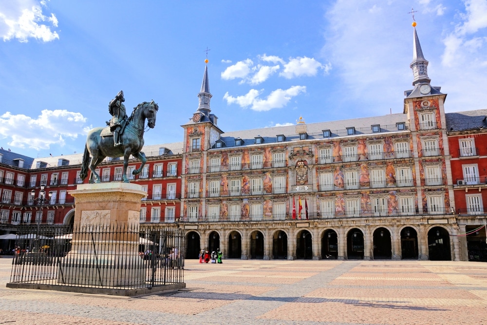 Plaza Mayor Madrid 574067893, stranden Spanje