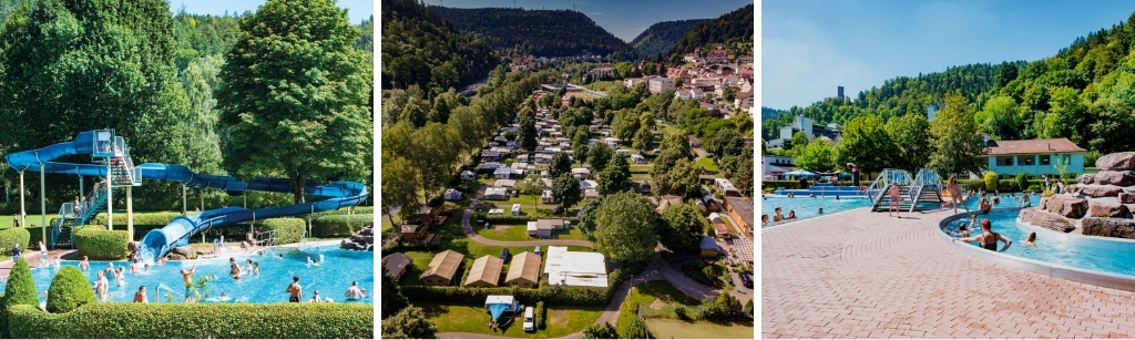 fotocollage van Campingpark Bad Liebenzell met een foto van een vol zwembad met waterglijbaan, een luchtfoto van de camping, en nog een foto van het zwembad waarin veel mensen en kinderen zwemmen